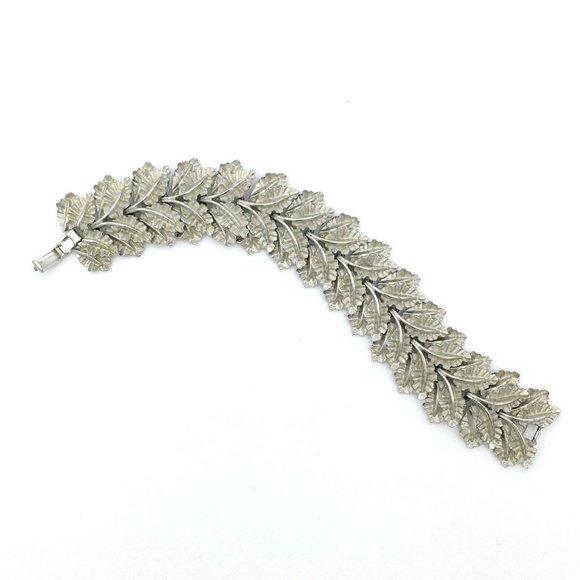 ARTICULATED LEAF panel bracelet - wide vintage silver-tone textured shiny retro - Picture 3 of 5